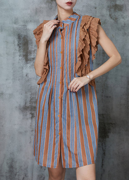 Khaki Striped Patchwork Ruffles Cotton Mini Dress Sleeveless