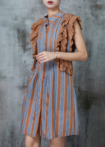 Khaki Striped Patchwork Ruffles Cotton Mini Dress Sleeveless