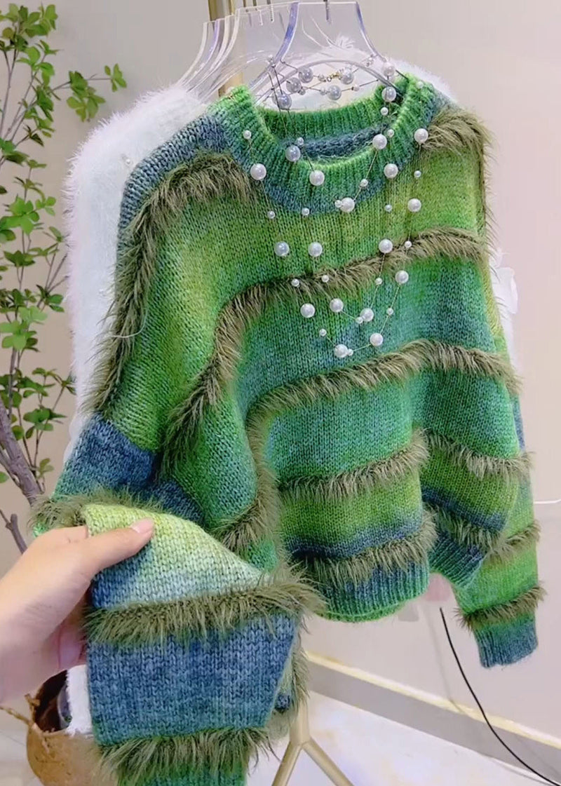 Khaki Striped Tassel Cozy Cotton Knit Sweater Winter