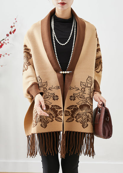 Khaki Tasseled Print Knit Loose Coat Fall