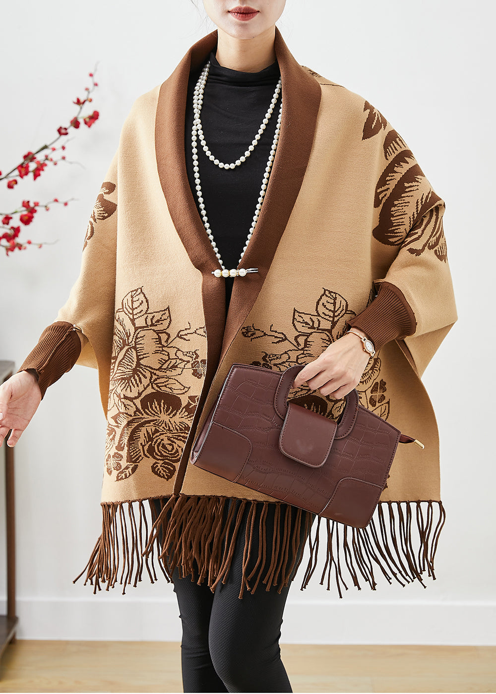 Khaki Tasseled Print Knit Loose Coat Fall