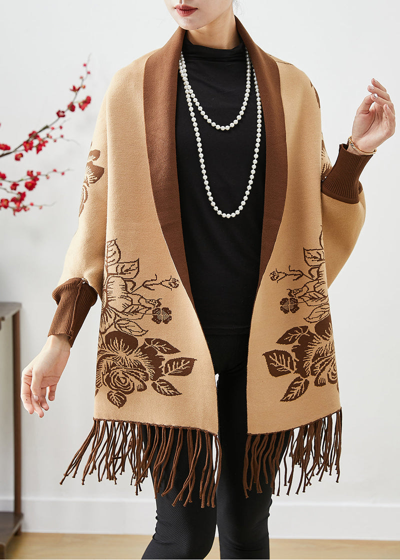 Khaki Tasseled Print Knit Loose Coat Fall