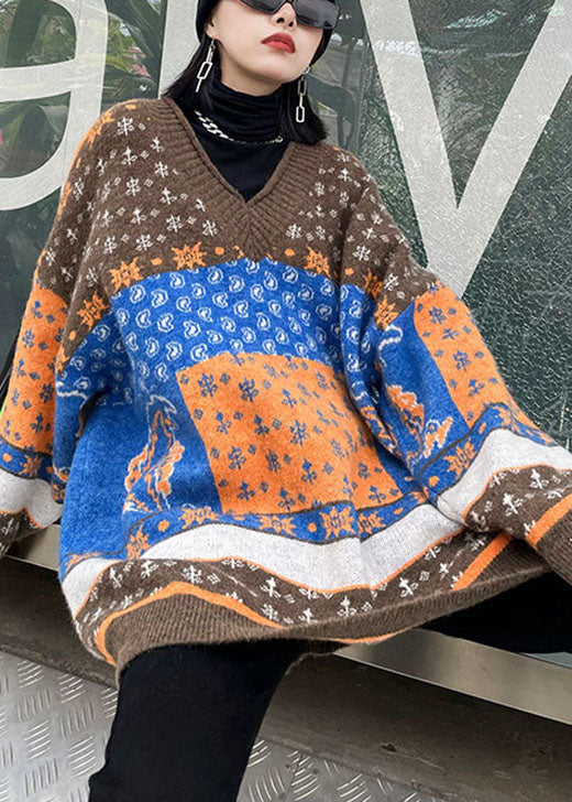 Khaki V Neck Print Loose Fall Knit Sweaters