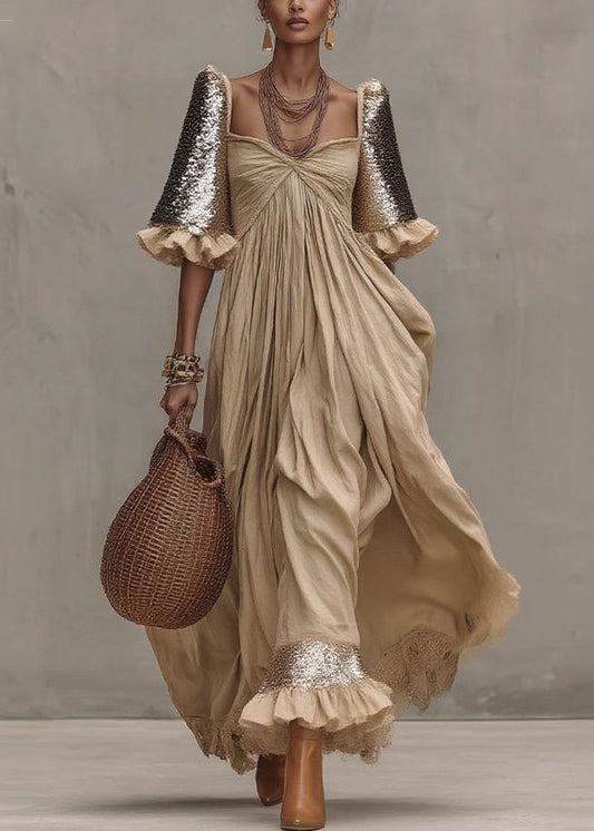 Khaki Wrinkled Patchwork Maxi Dresses Short Sleeve