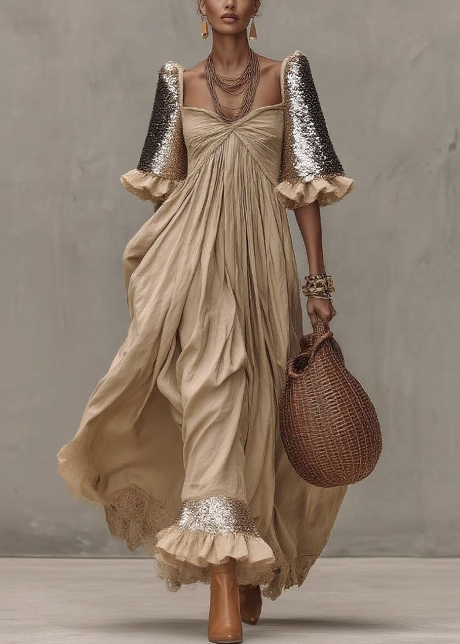 Khaki Wrinkled Patchwork Maxi Dresses Short Sleeve