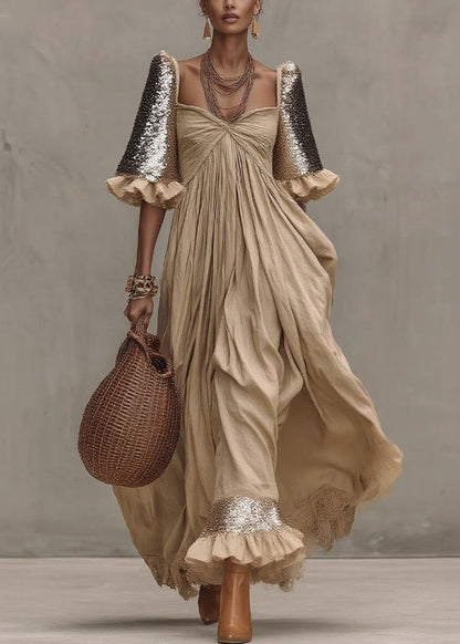 Khaki Wrinkled Patchwork Maxi Dresses Short Sleeve