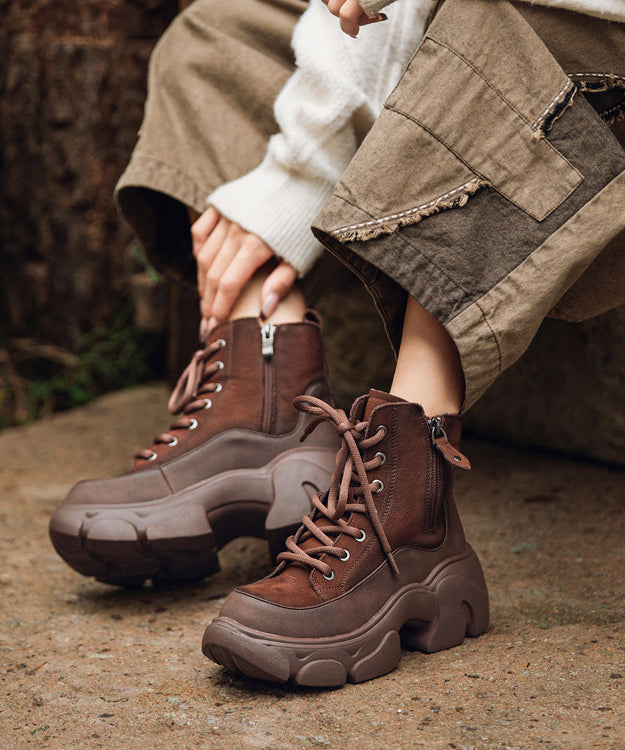 Lace Up Splicing Platform Boots Red Cowhide Leather