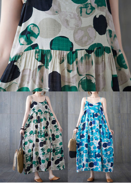 Lake Blue Backless Dot Print Linen Spaghetti Strap Dresses Sleeveless