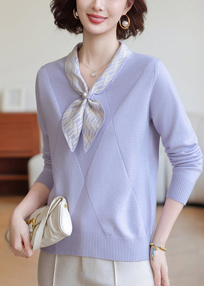 Lavender Bow Neck Striped Knit Shirts Winter