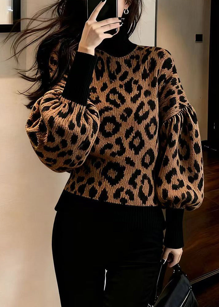 Leopard Hign Neck Puff Sleeve Knitted Sweaters Tops