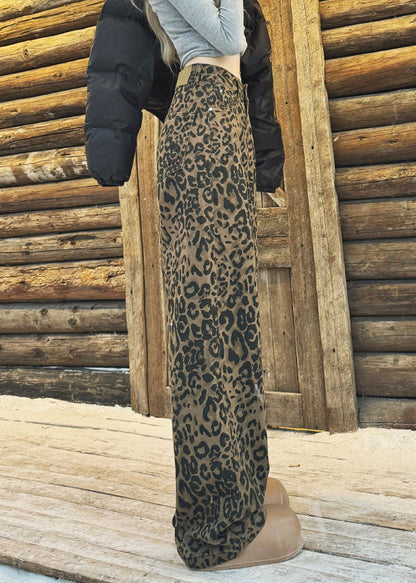 Leopard Pockets High Waist Warm Fleece Wide Leg Pants
