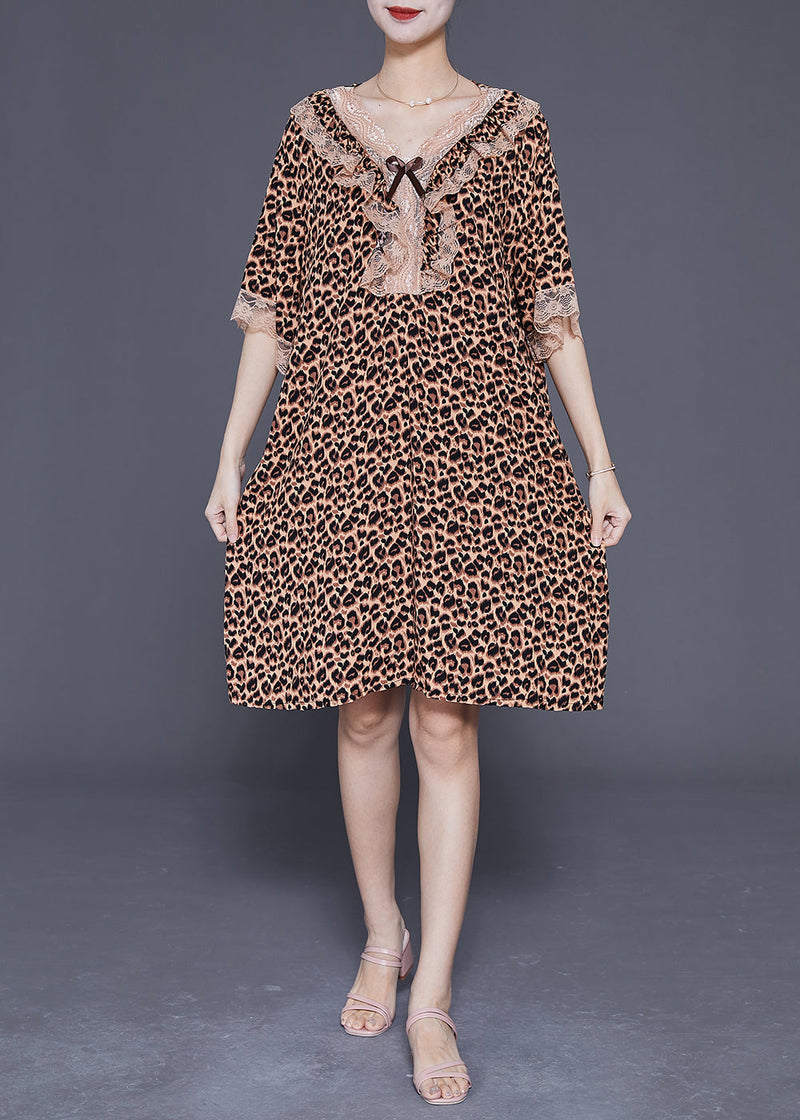 Leopard V Neck Patchwork Lace Cotton Mid Dress Summer