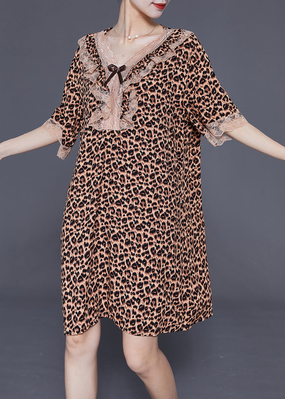 Leopard V Neck Patchwork Lace Cotton Mid Dress Summer