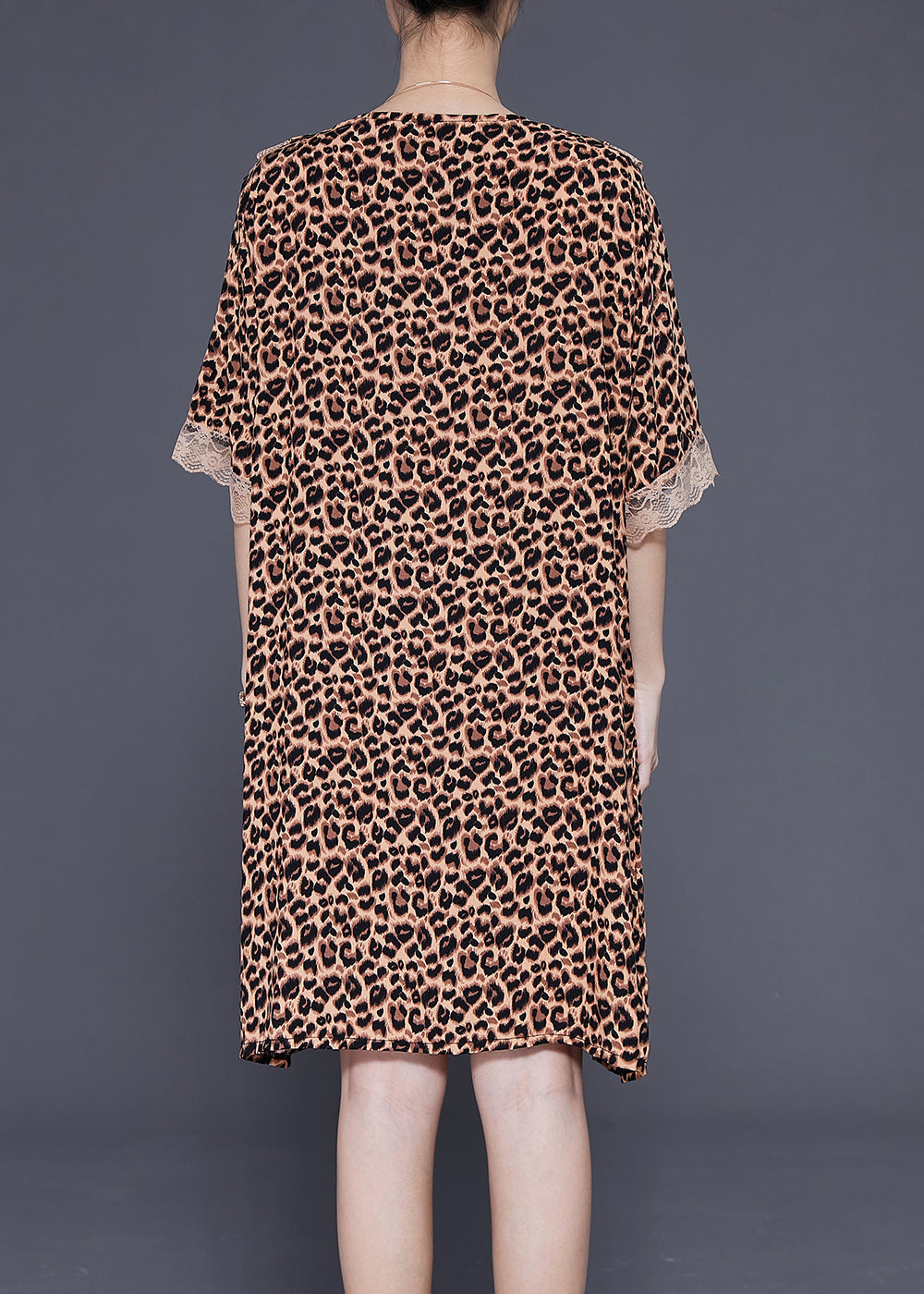 Leopard V Neck Patchwork Lace Cotton Mid Dress Summer
