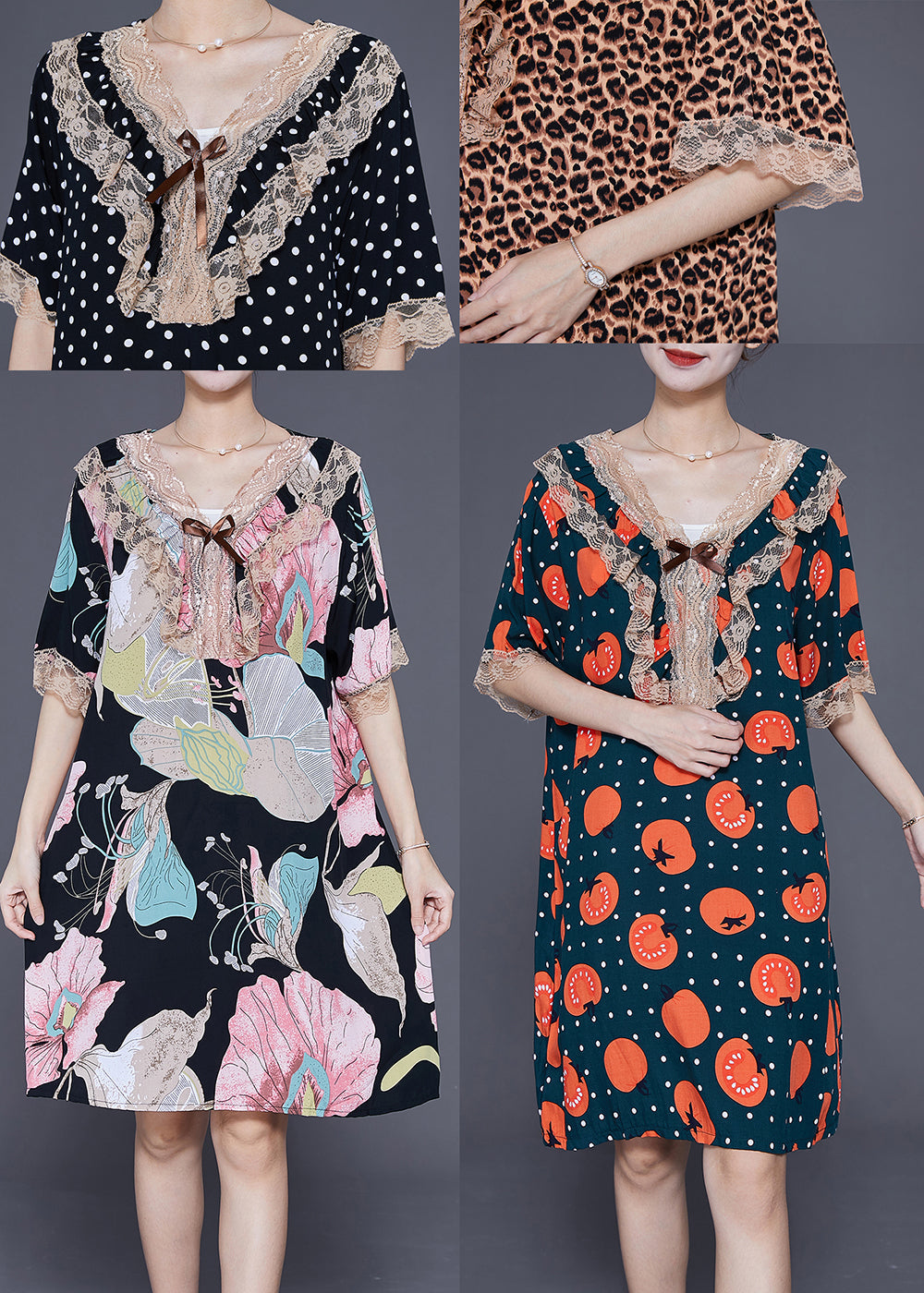 Leopard V Neck Patchwork Lace Cotton Mid Dress Summer