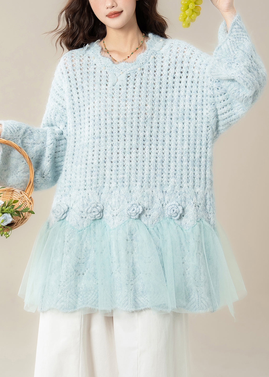 Light Blue Hollow Out Butterfly Tulle Patchwork Knit Sweater Spring