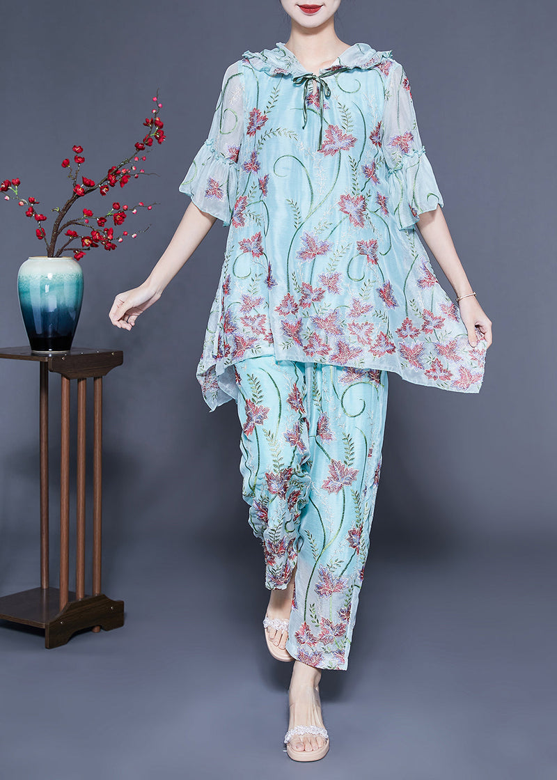 Light Blue Hooded Ruffled Embroideried Silk Two Pieces Set Flare Sleeve