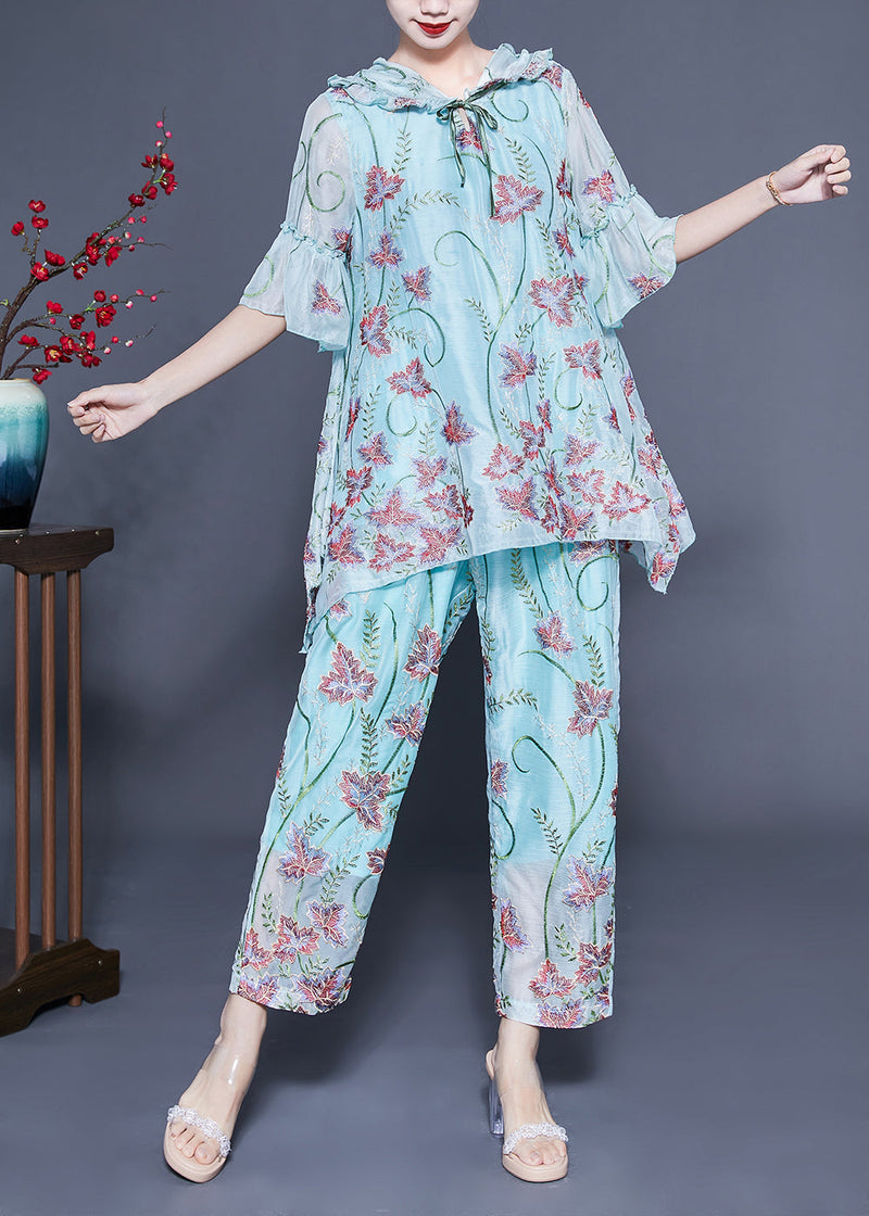 Light Blue Hooded Ruffled Embroideried Silk Two Pieces Set Flare Sleeve