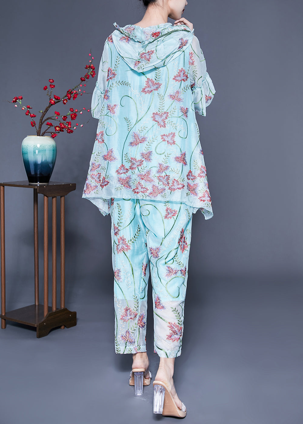 Light Blue Hooded Ruffled Embroideried Silk Two Pieces Set Flare Sleeve