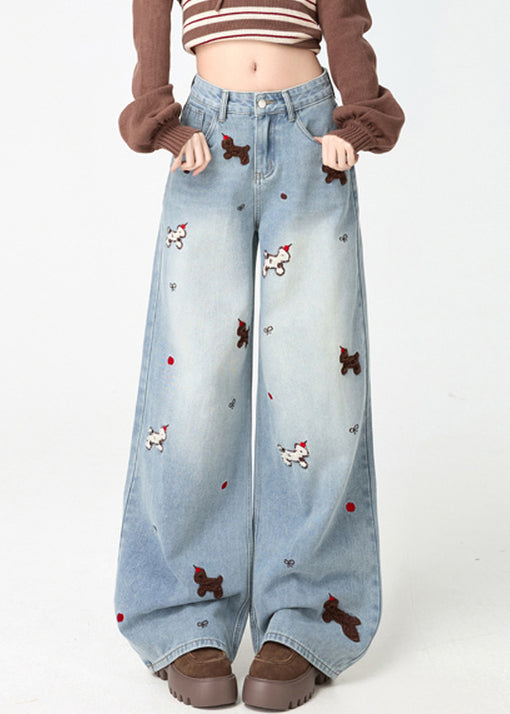 Light Blue Little Dogs Embroidered High Waist Warm Fleece Jeans Spring