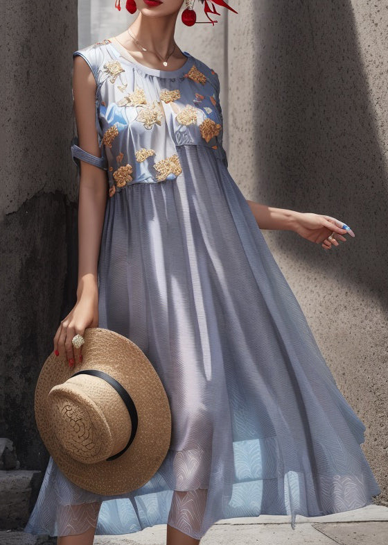 Light Blue O Neck Print Patchwork Silk Long Dresses Summer