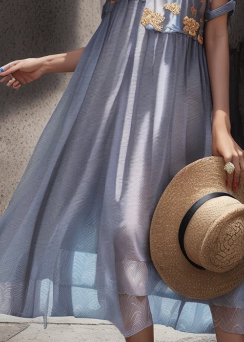 Light Blue O Neck Print Patchwork Silk Long Dresses Summer