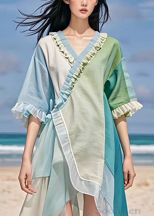 Light Blue V Neck Ruffled Chiffon Dress Summer