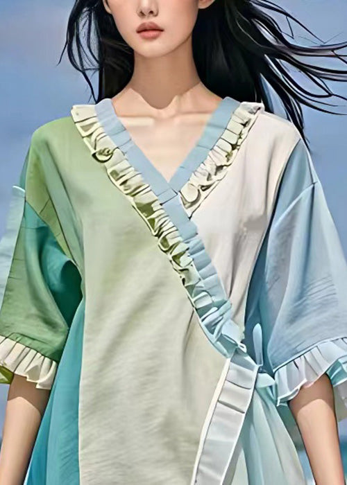 Light Blue V Neck Ruffled Chiffon Dress Summer