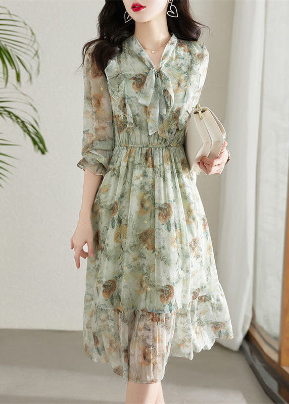 Light Green Cinched Patchwork Print Chiffon Dress Spring