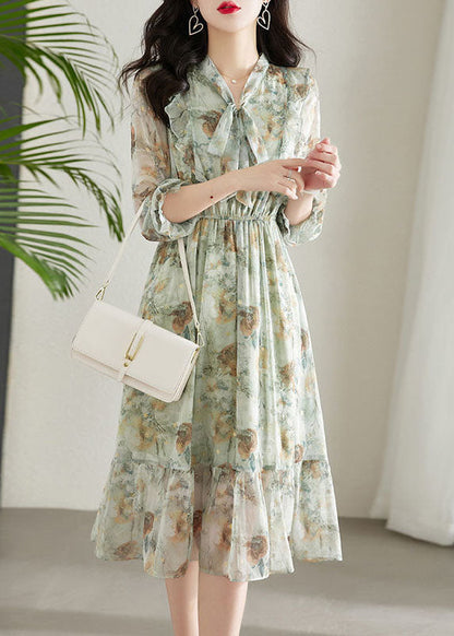 Light Green Cinched Patchwork Print Chiffon Dress Spring