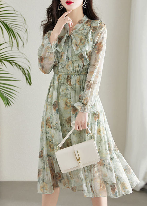 Light Green Cinched Patchwork Print Chiffon Dress Spring