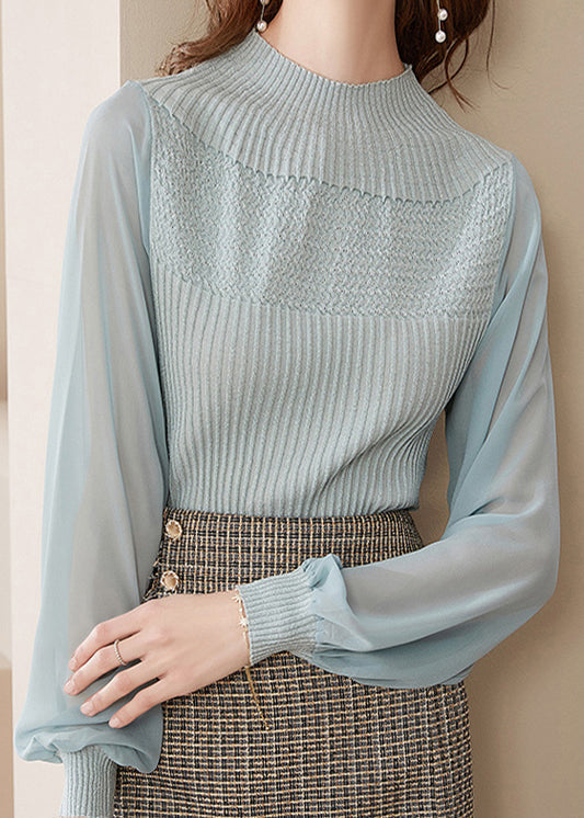 Light Green Half Turtleneck Tulle Patchwork Woolen Sweaters Lantern Sleeve
