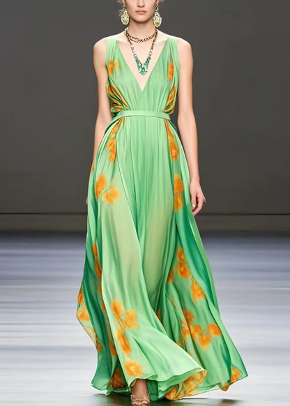Light Green Print Exra Large Hem Silk Cami Dress Summer
