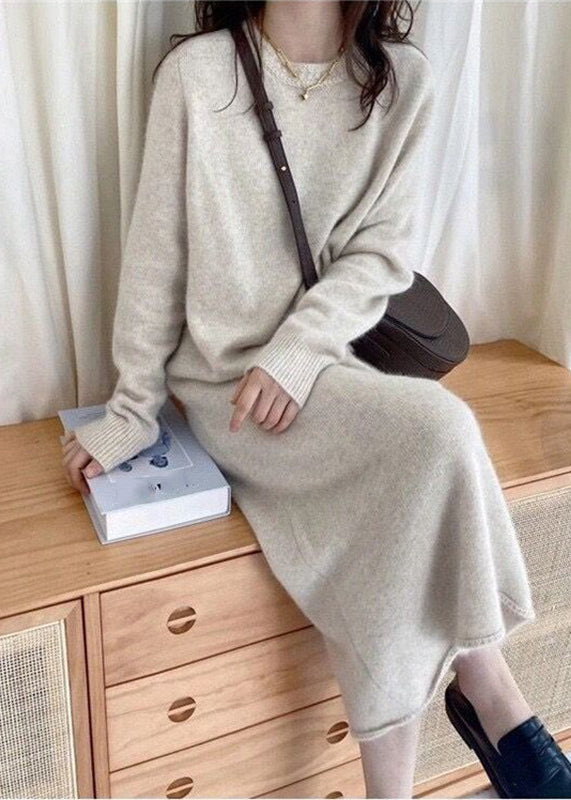 Light Grey Cozy Long Cashmere Knit Sweater Dress Fall