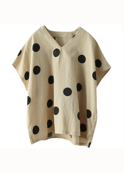 Light Khaki V Neck Print Patchwork Linen T Shirt Tops Summer