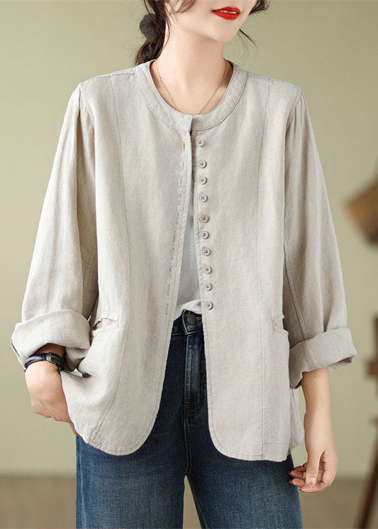 Linen O-neck Pockets Button Shirt Fall