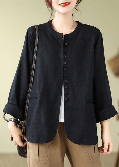 Linen O-neck Pockets Button Shirt Fall