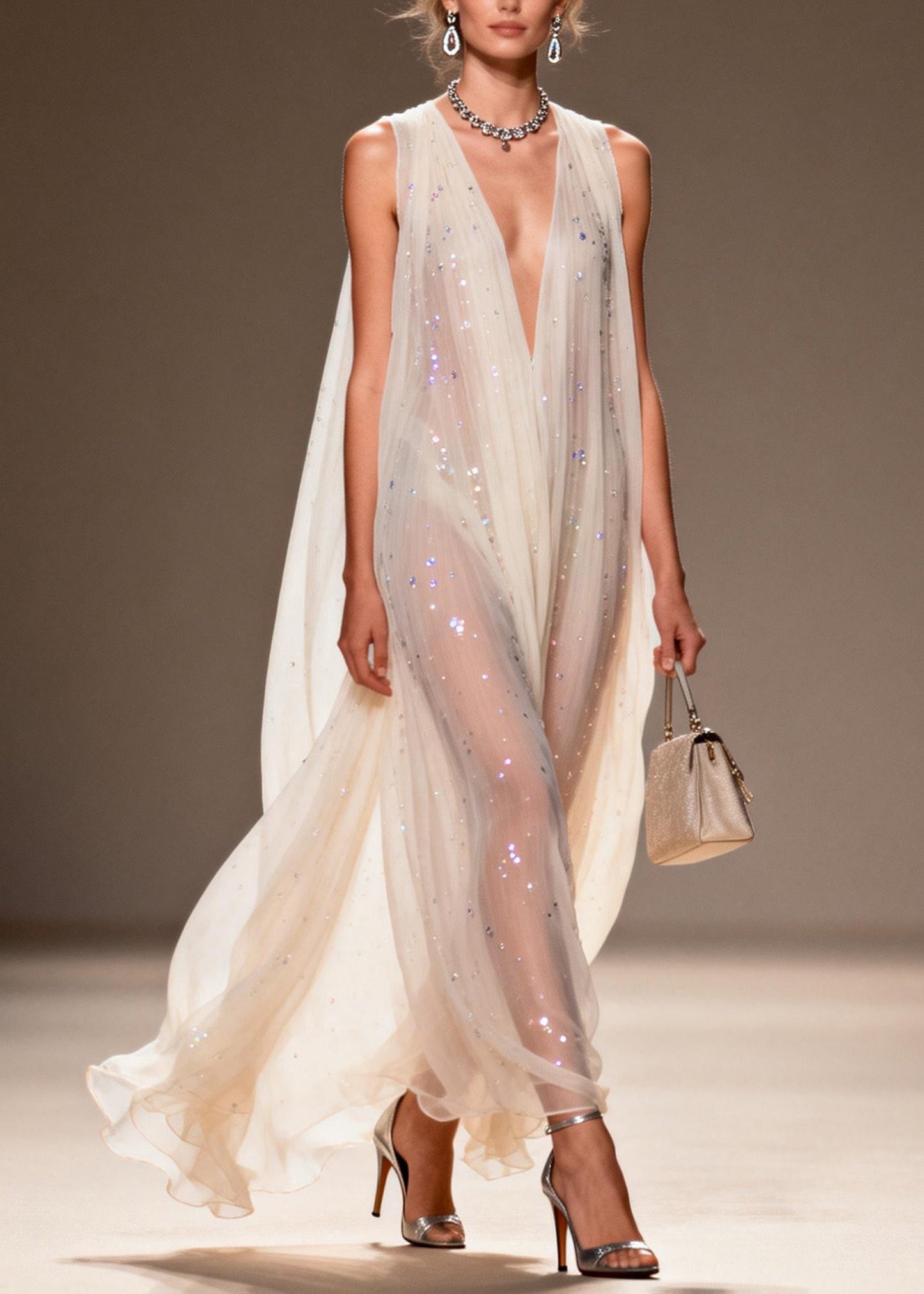 Loose V Neck Zircon Chiffon Dress Sleeveless