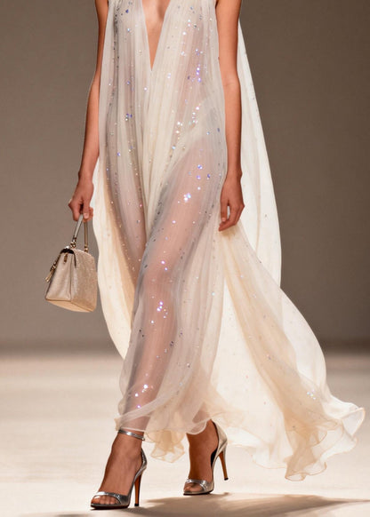 Loose V Neck Zircon Chiffon Dress Sleeveless