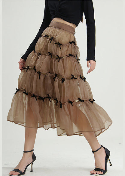 Milk Tea Color Bow Wrinkled Skirts Spring