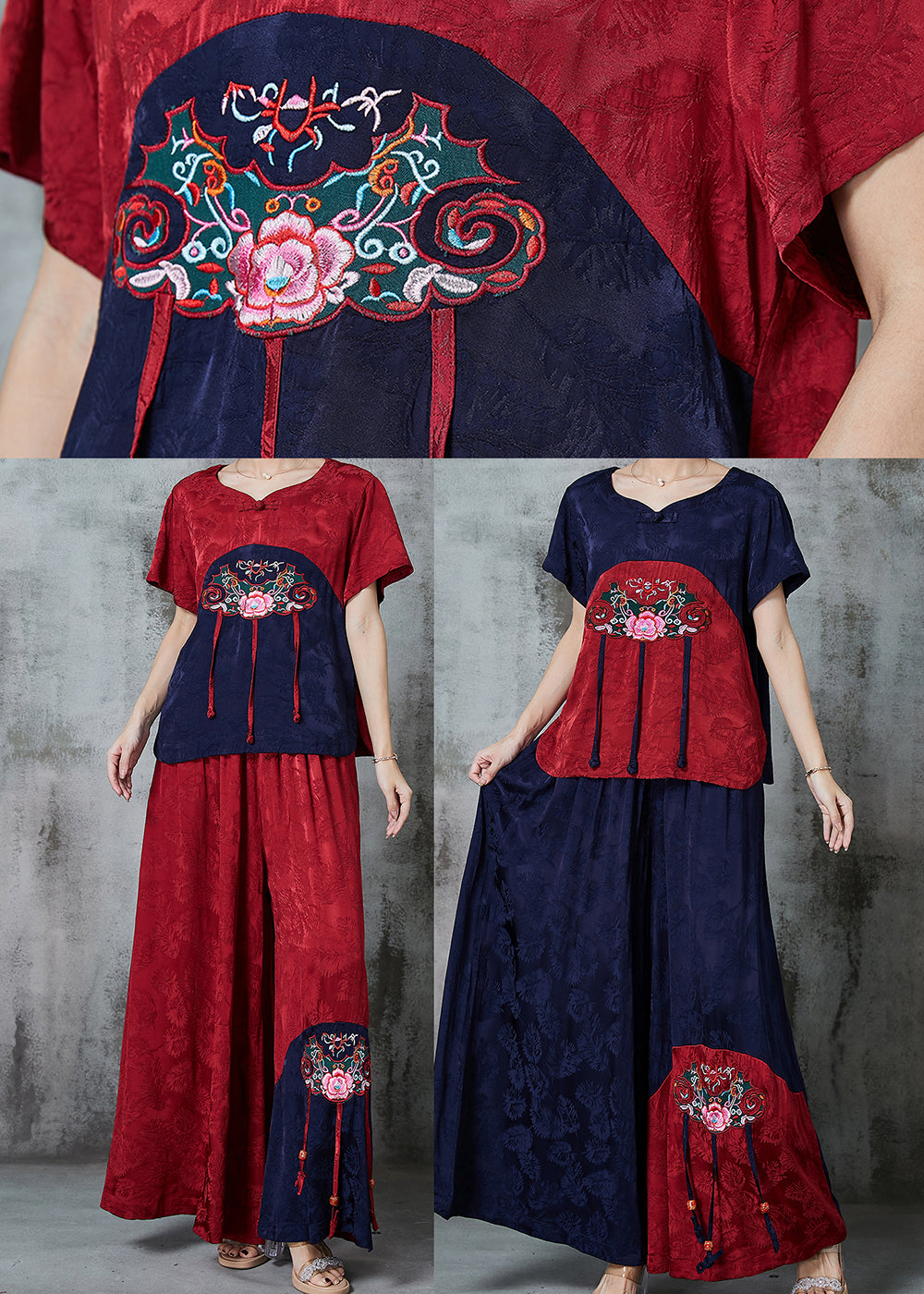 Mulberry Embroidered Patchwork Silk Sets 2 Pieces Summer