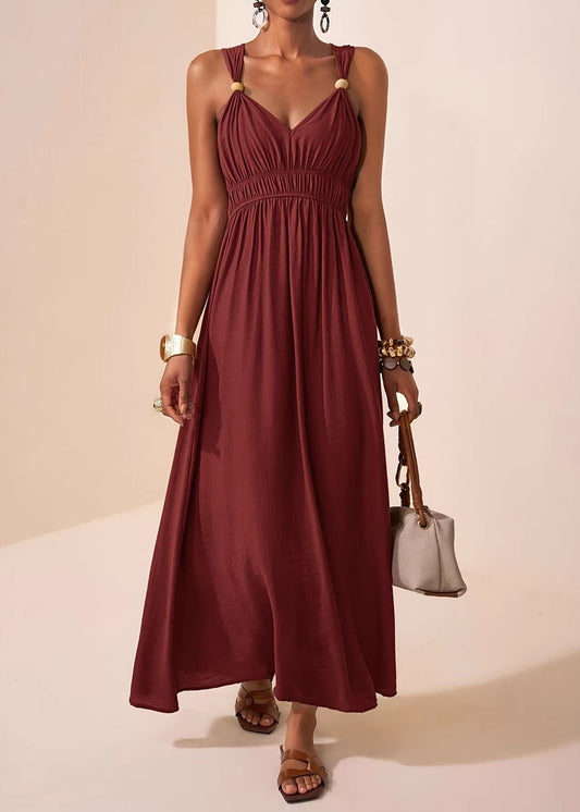 Mulberry V Neck Patchwork Cotton Maxi Dress Sleeveless