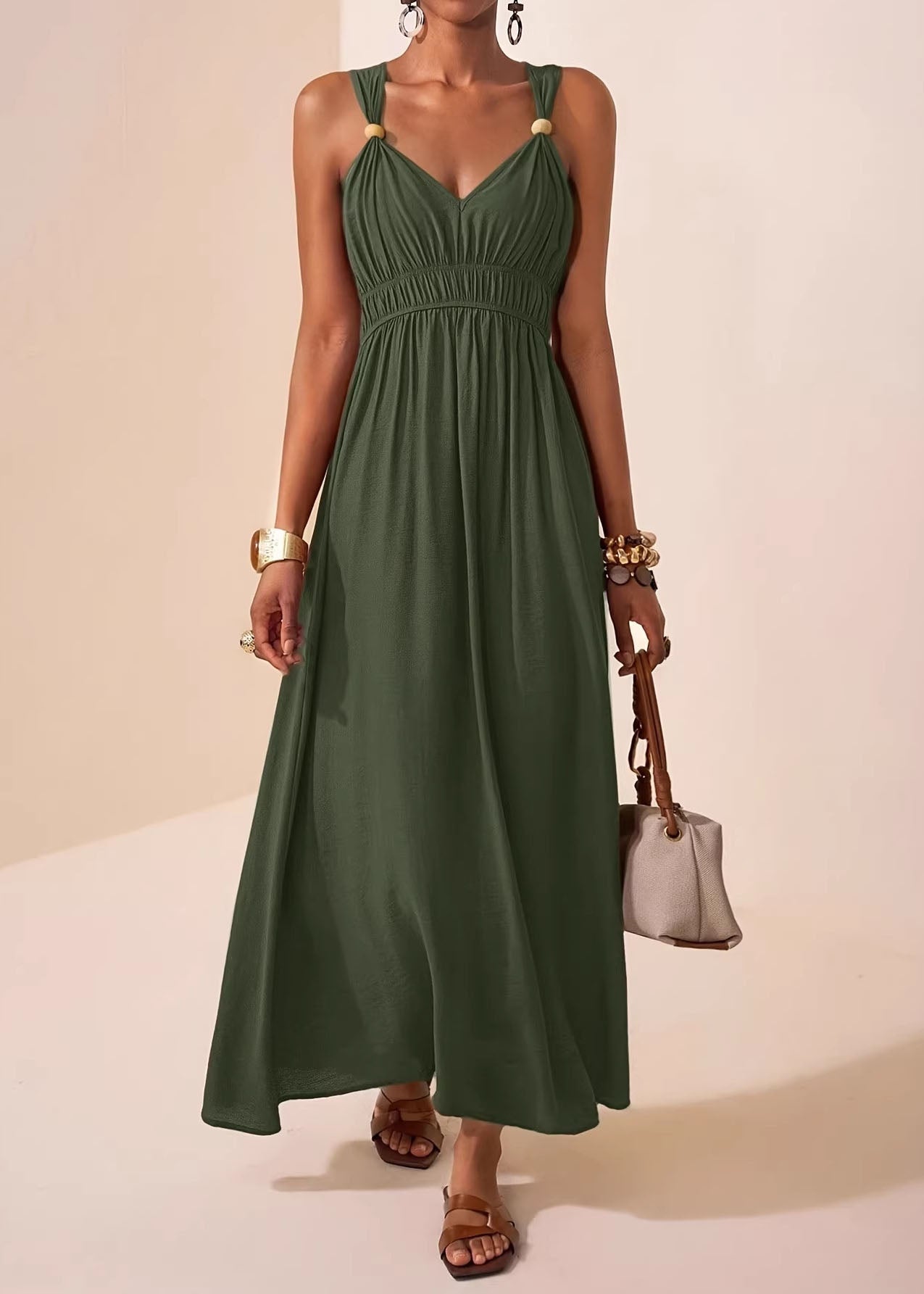 Mulberry V Neck Patchwork Cotton Maxi Dress Sleeveless