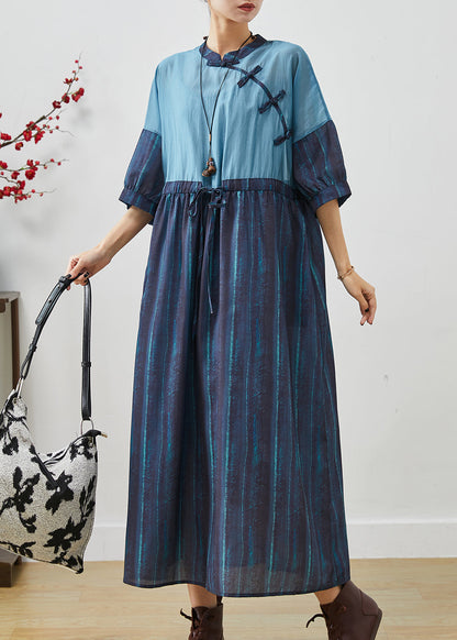 Navy Cinched Patchwork Striped Linen Dresses Summer