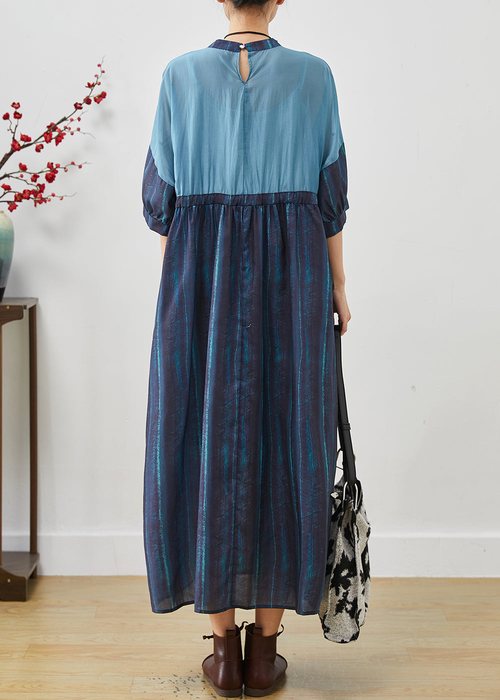 Navy Cinched Patchwork Striped Linen Dresses Summer