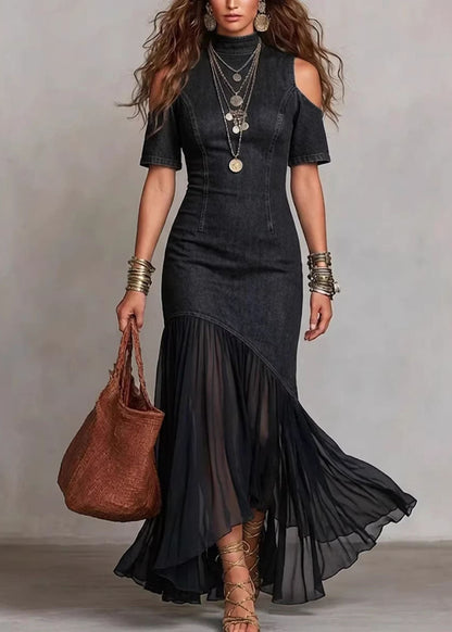 Navy Cold Shoulder Tulle Patchwork Denim Dress Summer