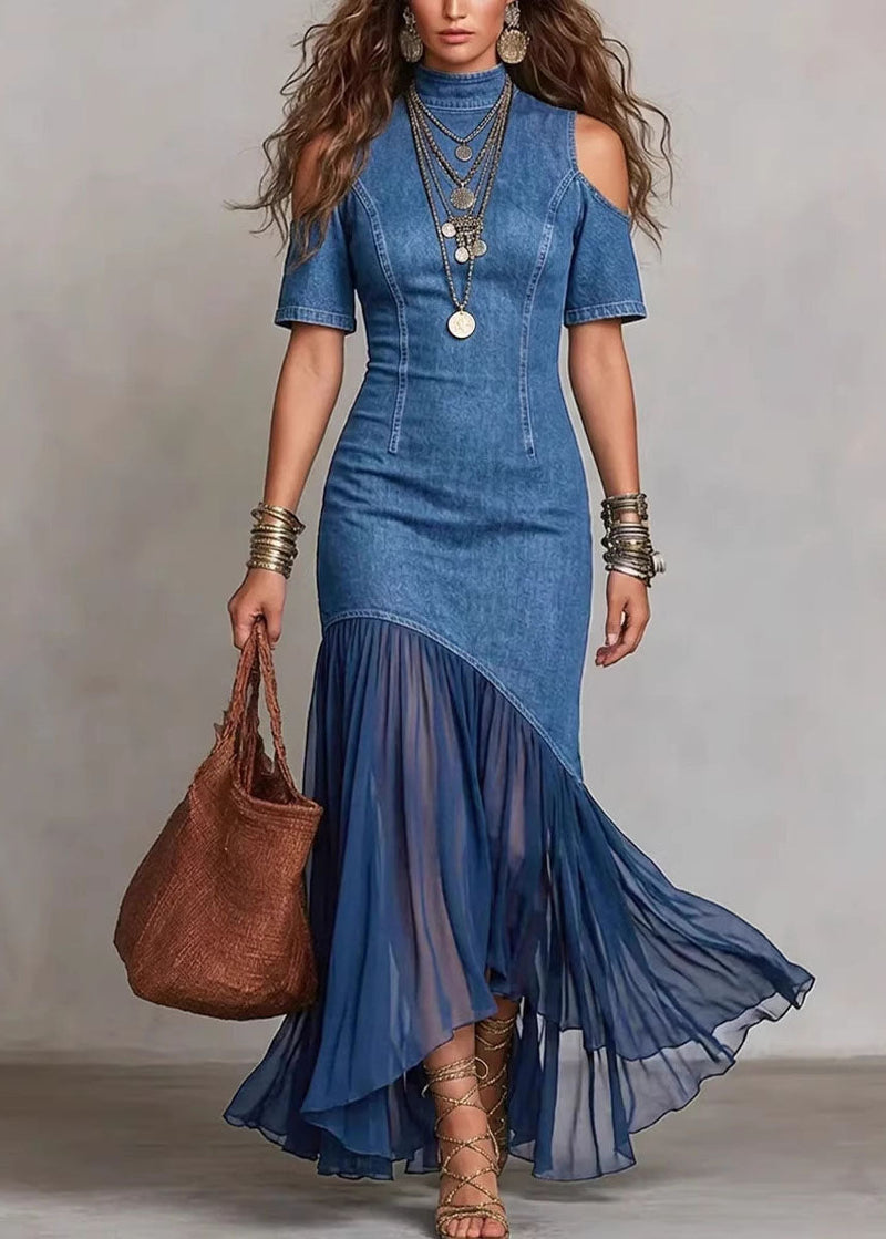 Navy Cold Shoulder Tulle Patchwork Denim Dress Summer