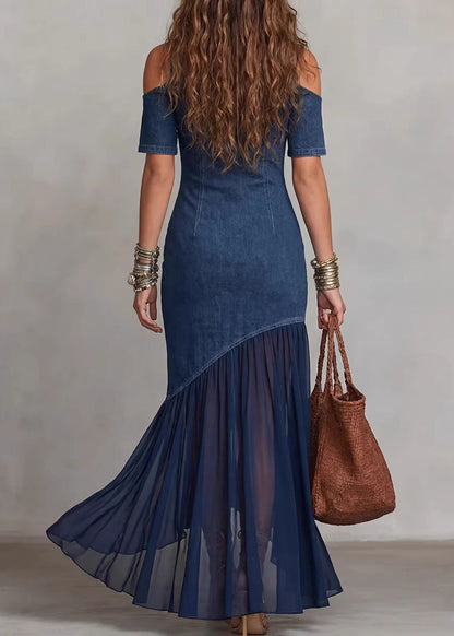 Navy Cold Shoulder Tulle Patchwork Denim Dress Summer