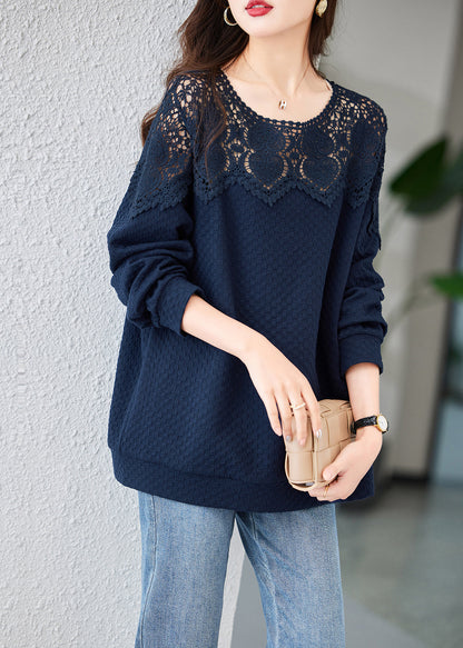 Navy Embroidered Hollow Out Cotton Tops Spring
