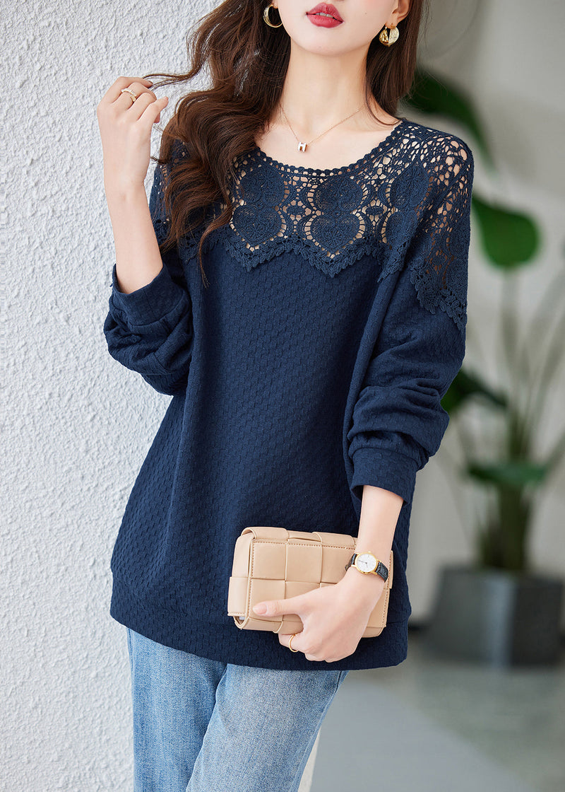 Navy Embroidered Hollow Out Cotton Tops Spring